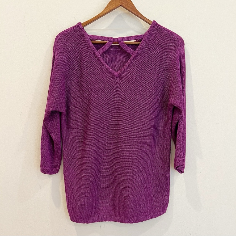 Chicos Knit Cross Back Sweater 0 Small Purple Metallic 3/4 Sleeve Party NEW